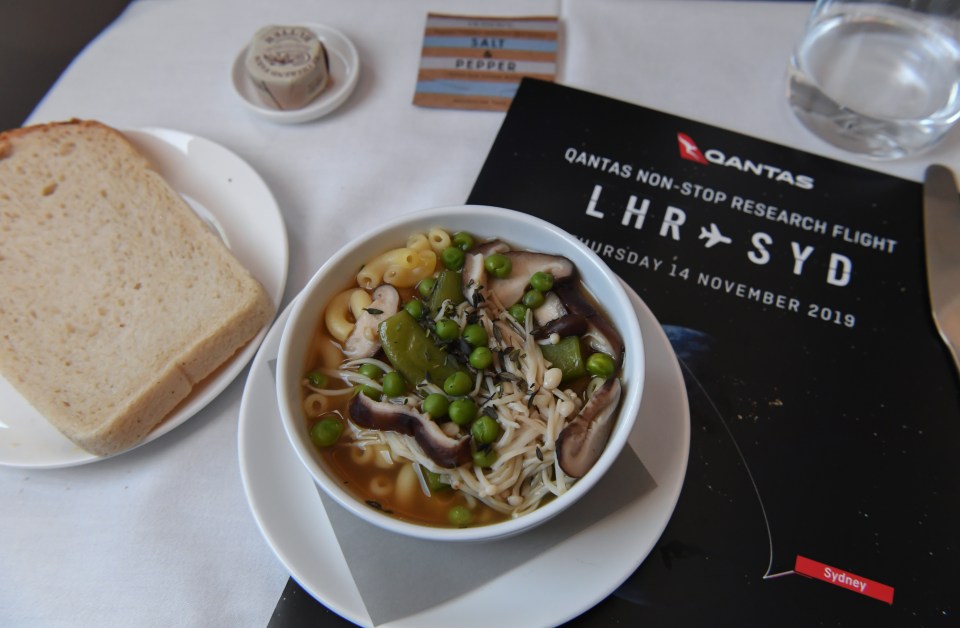 Dinner was served with dishes designed to aid sleep, starting with a broth of roasted chicken with macaroni