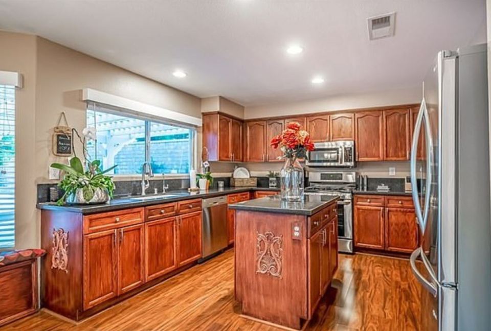  The three-bedroom house features a stunning kitchen