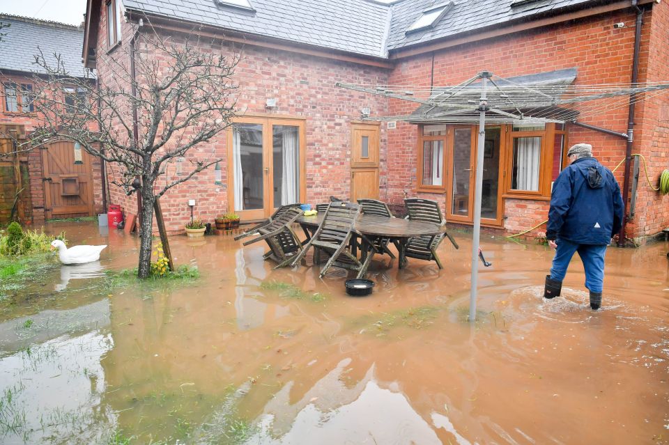 This back garden flooded after heavy rain has caused the River Clyst to burst its banks