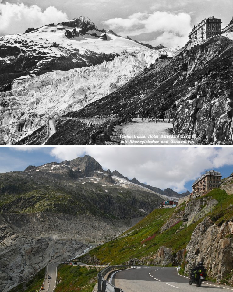  A combination photo shows the Rhone Glacier and Belvedere Hotel pictured before 1938 (top), seen in Obergoms, Switzerland and on August 21, 2019 (bottom)