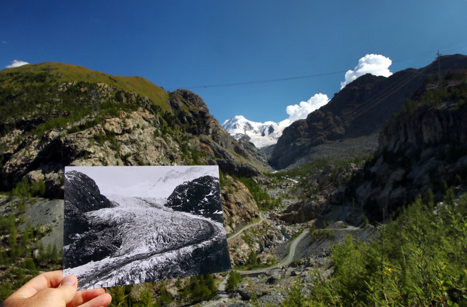  Gorner Glacier taken in 1863 in Switzerland displayed at the same location on August 25, 2019