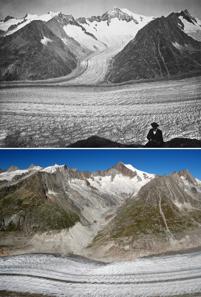  Combination picture shows the Aletsch Glacier photographed between 1860 and 1877 (top) in Switzerland and on September 4, 2019 (bottom)