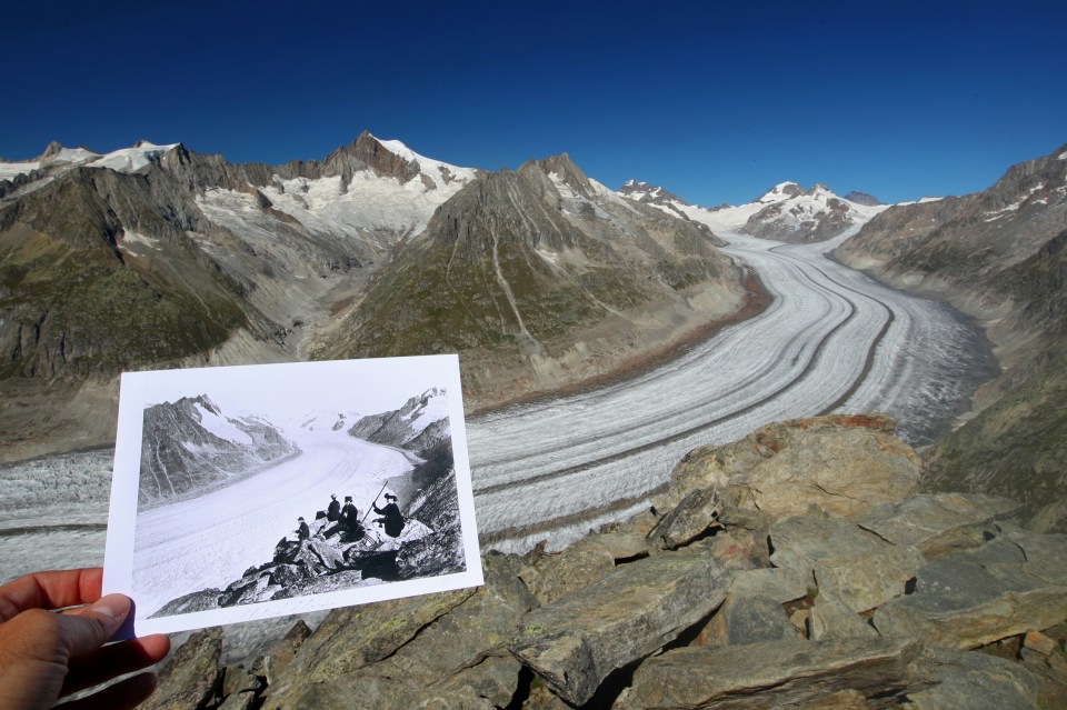  A photo of the Aletsch Glacier in Switzerland taken between 1860 and 1890 is displayed at the same location on September 4, 2019