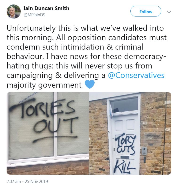  The ex-Tory leader tweeted pictures of his office daubed in graffiti