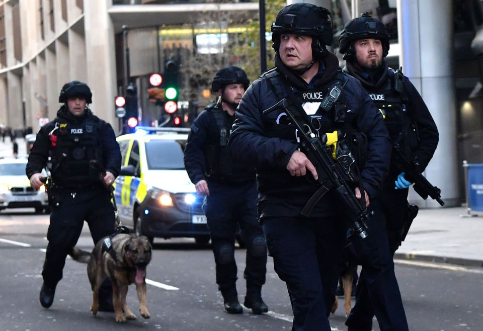  A team of officers patrol the vicinity after the initial attack