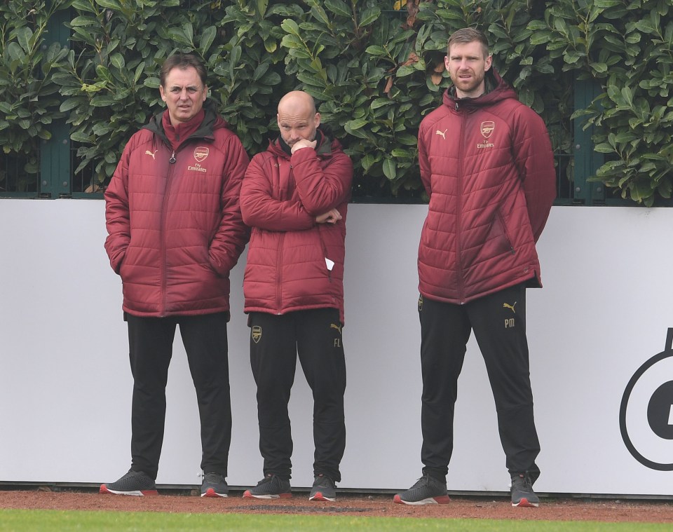  Mertesacker (right) joined Ljungberg (centre) in overseeing training after the Swede took charge