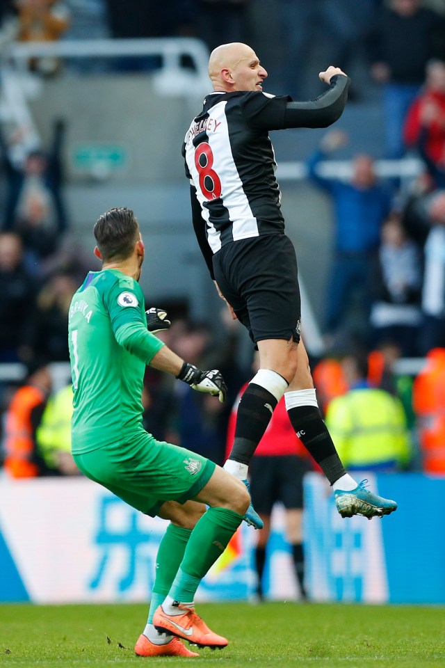  Jonjo Shelvey jumps for joy after rescuing a point for Newcastle