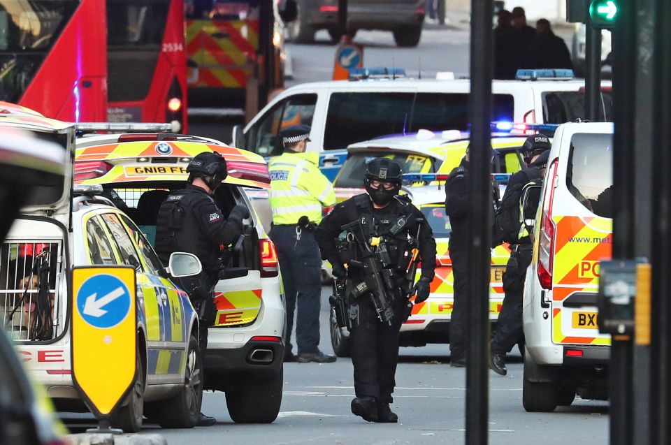  Armed police and emergency services at the scene of an incident on London Bridge in November 2019