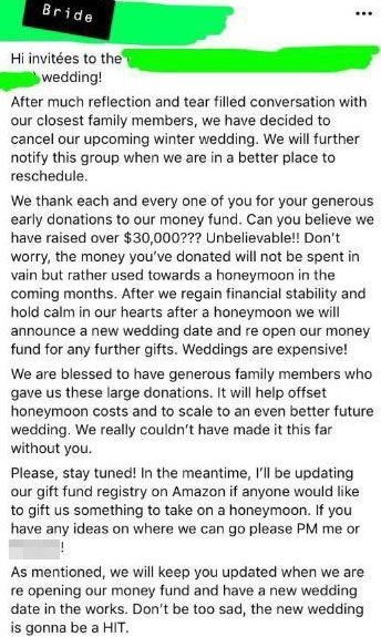  The bride assured people they could still donate in the future