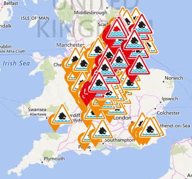 There are nine flood warnings and 67 flood alerts throughout England on Saturday