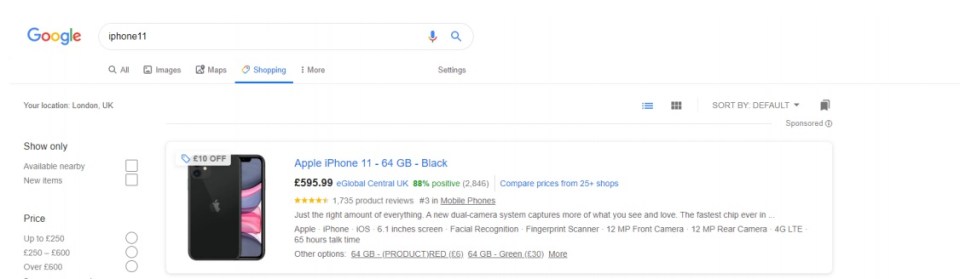  eGlobal Central UK was the top result when searching for an iPhone 11