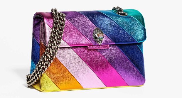  The multi-coloured handbag from Kurt Geiger features a metallic design, with a silver eagle clasp and long silver chain