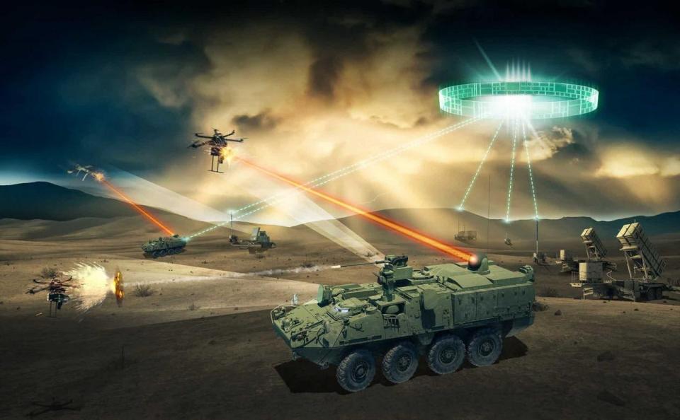  Artist impression of Strykers loaded with laser cannons shooting down drones