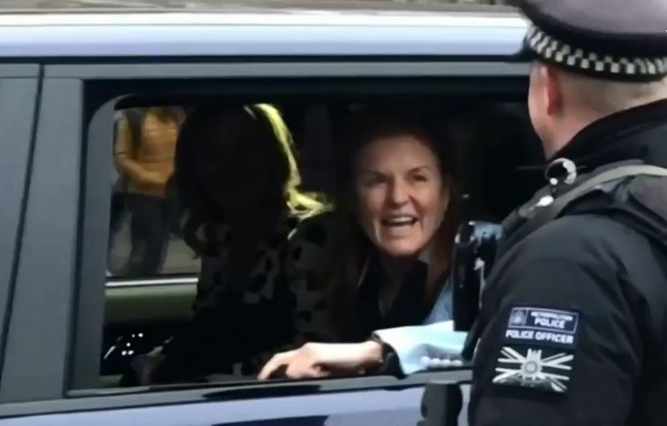  A cheerful-looking Sarah Ferguson was seen arriving at Buckingham Palace for talks today