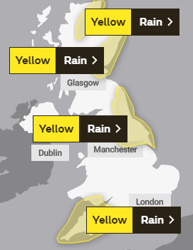 The Met Office has issued yellow weather warning for rain for Saturday