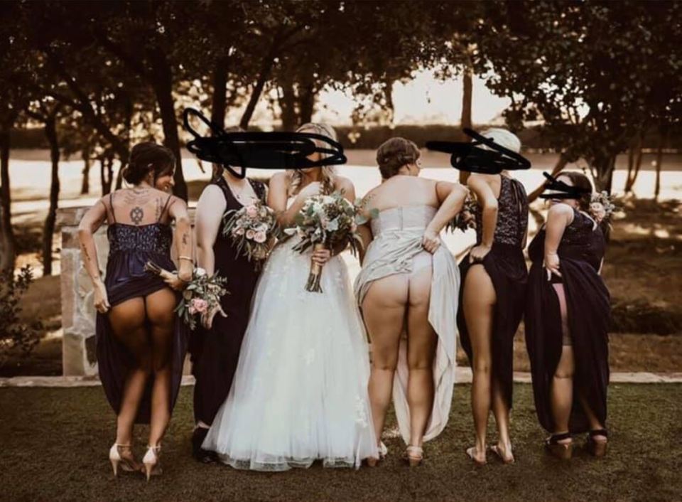  Four 'trashy' bridesmaids have been shamed for this bizarre wedding photo