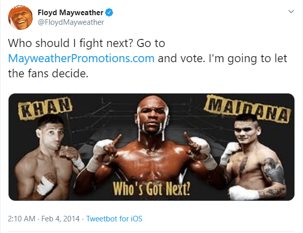 Mayweather once ran a poll asking fans who he should fight, but still didn’t box Khan after he won the online vote