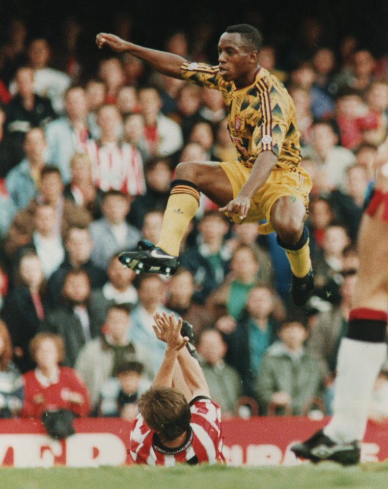  Arsenal striker Ian Wright in the legendary kit scoring against Southampton in 1991