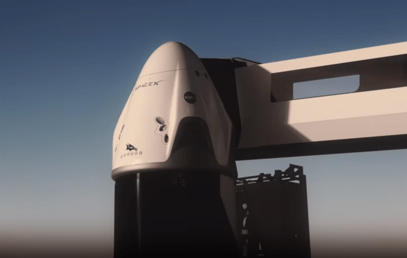  SpaceX has released a simulation showing how its Crew Dragon capsule will take astronauts into space. Pictured is a still from the video of the capsule atop a Falcon 9 rocket ahead of launch