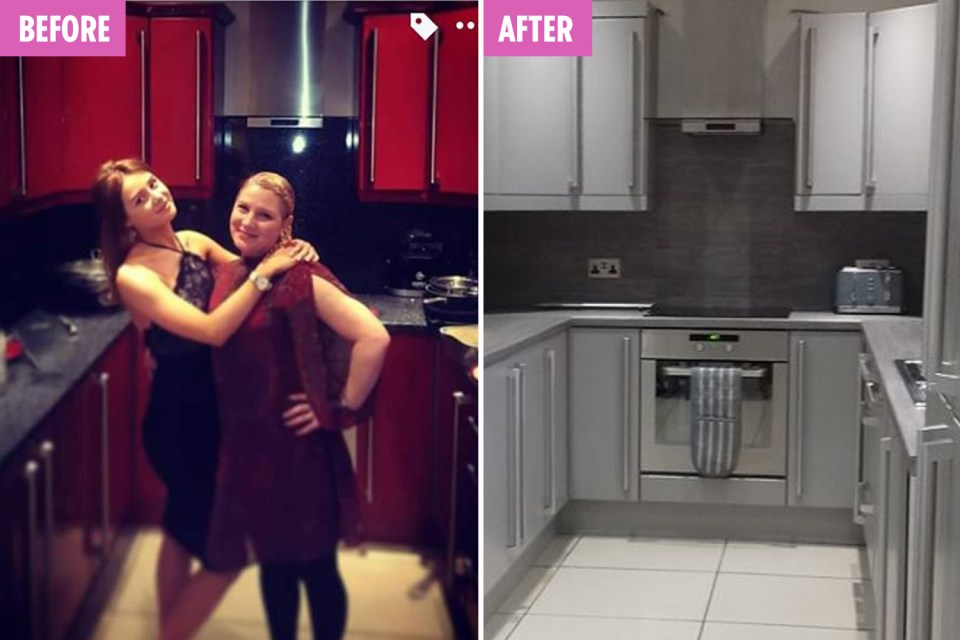  A woman transformed her garish red kitchen into a Mrs Hinch style room using a HAIRDRYER to remove the plastic cupboards.