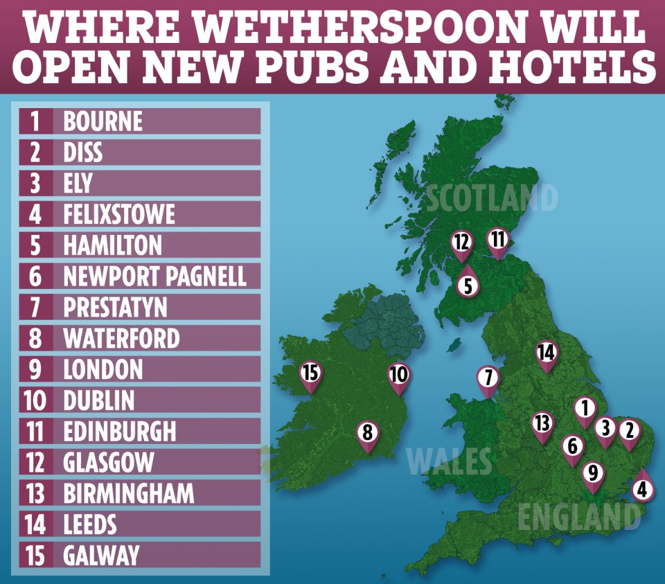  Wetherspoon has announced a £200million cash injection for new pubs and hotels