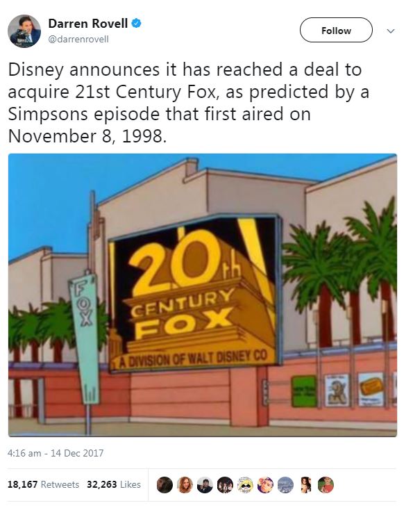  The show predicted Walt Disney Co. buying a chunk of 20th Century Fox a decade before it happened in real life