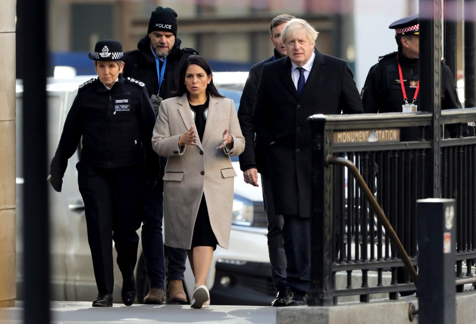  Prime Minister Boris Johnson, Home Secretary Priti Patel and London police chief commissioner Cressida Dick arrive at the scene of a stabbing on London Bridge