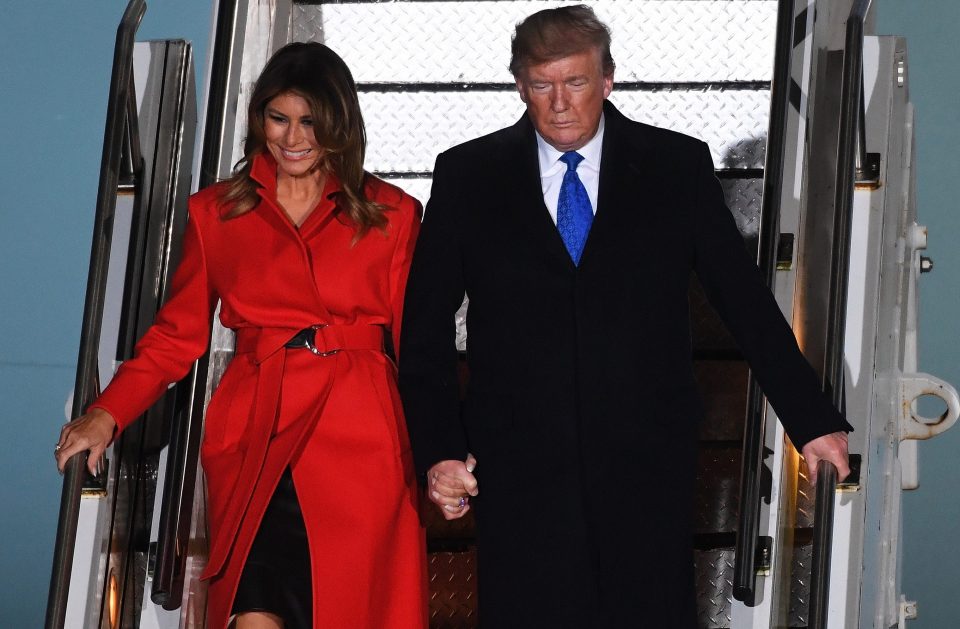  American President Donald Trump and First Lady Melania Trump disembark Air Force One after landing at Stansted Airport