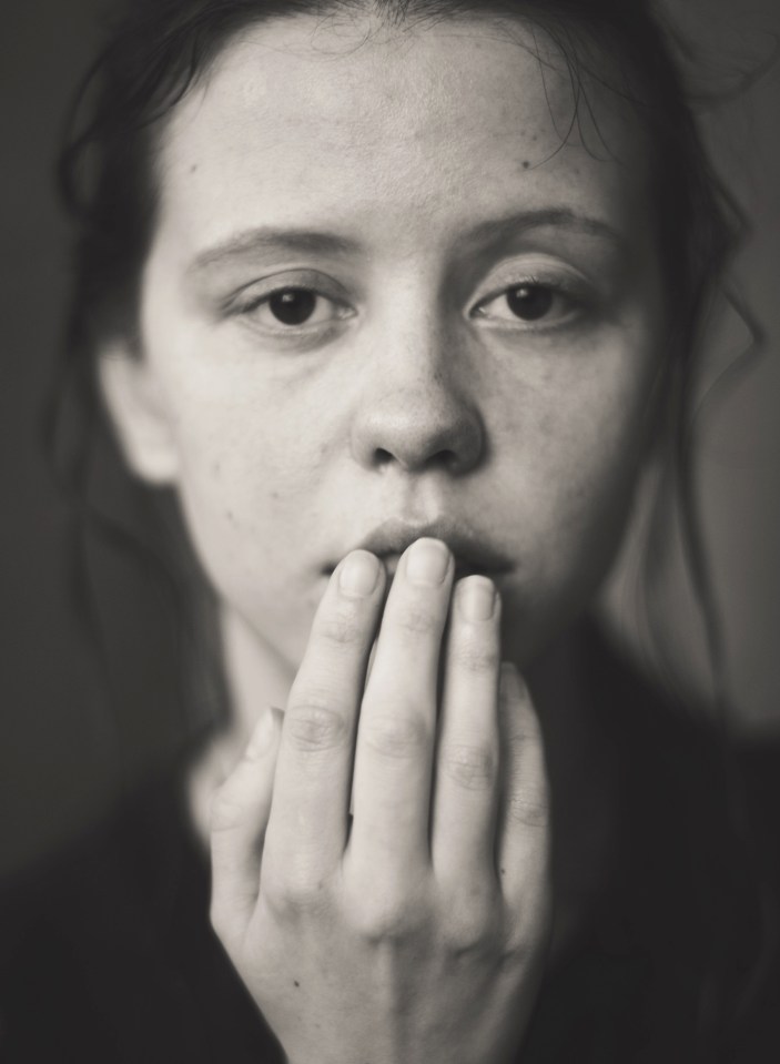  English actress Mia Goth, 26, looks shocked as she poses barefaced