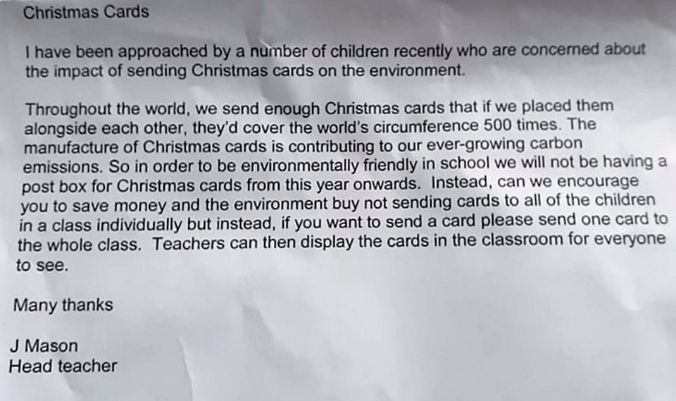  The headteacher told kids to send only one Christmas card to 'save money and the environment'