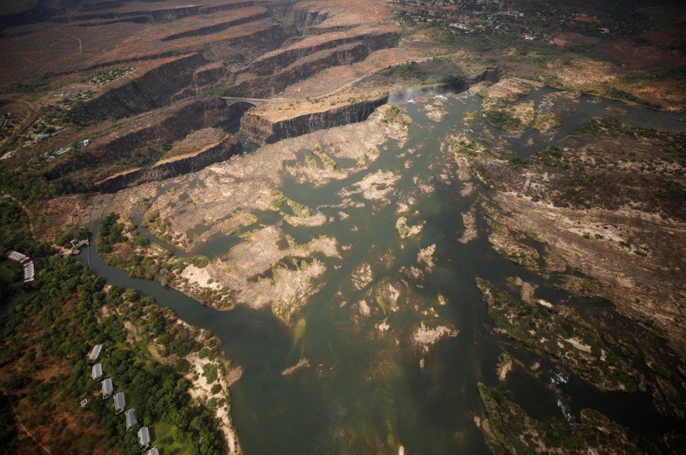  But this aerial shot taken yesterday shows much of the Zambezi river has dried up