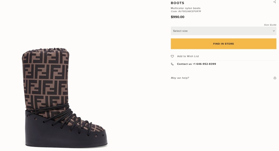  The Fendi branded snow boots cost almost a thousand dollars