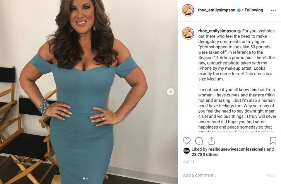 In July, people on social media accused Emily of editing RHOC promotional photos to cut “50 lbs” off the images