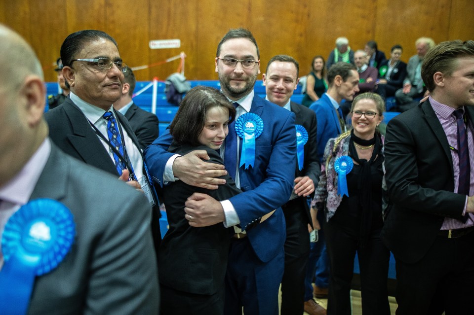  Christian Wakeford celebrates the Conservative Party's win in Bury South