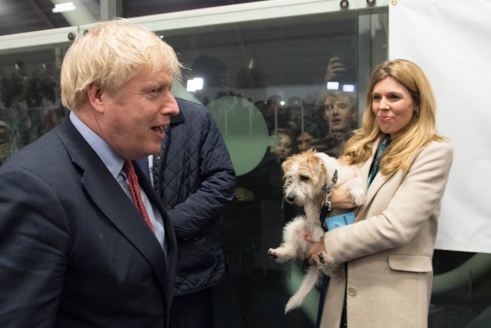 The couple pose happily with their dog on voting day