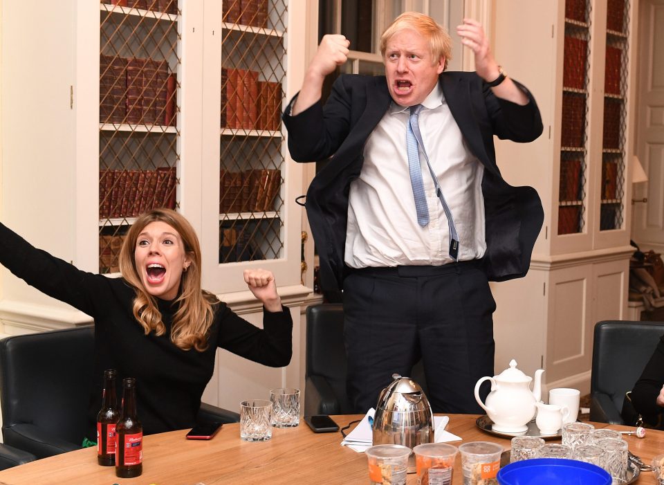  Boris Johnson celebrates results of the election with his girlfriend Carrie Symonds in Downing Street