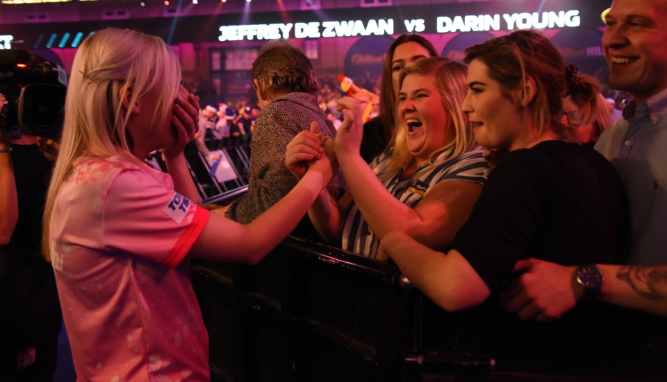  Fallon Sherrock celebrates with the crowd at Ally Pally