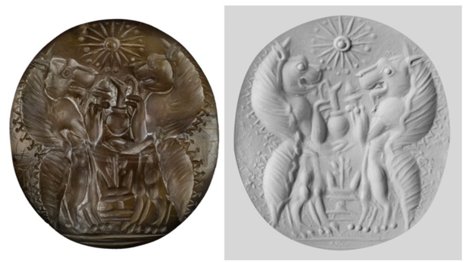  Stamp seals were also found in the tomb, the impression of this one made from a semi precious stone can be seen on the left