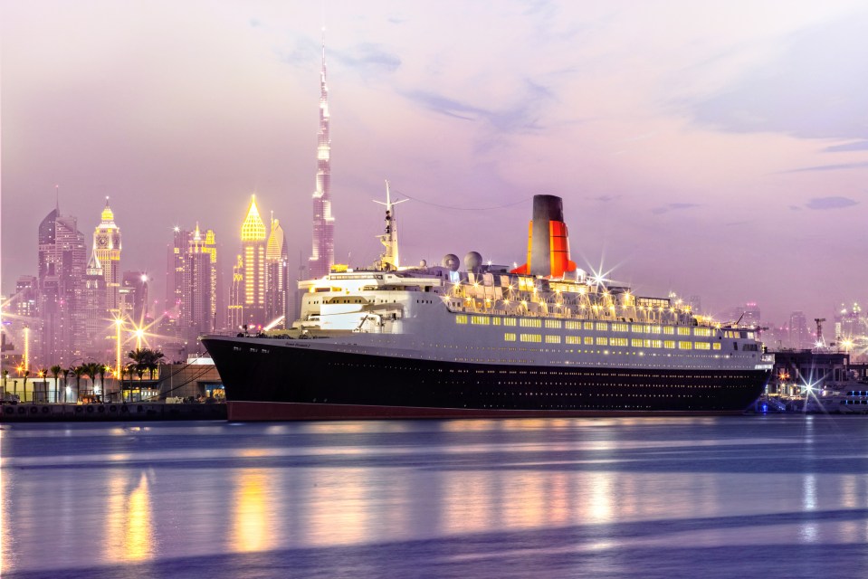  The Queen Elizabeth 2 cruise ship is a 13-deck hotel and dining destination docked permanently in Dubai