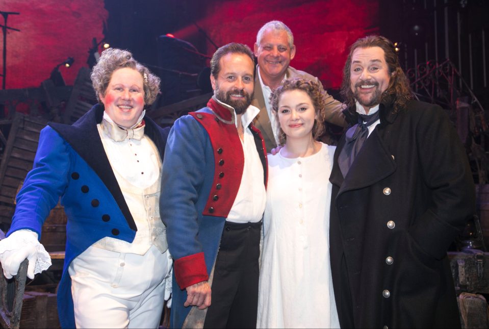 Alfie backstage at Les Miserables with cast Matt Lucas, Carrie Hope Fletcher, Michael Ball and producer Cameron Mackintosh