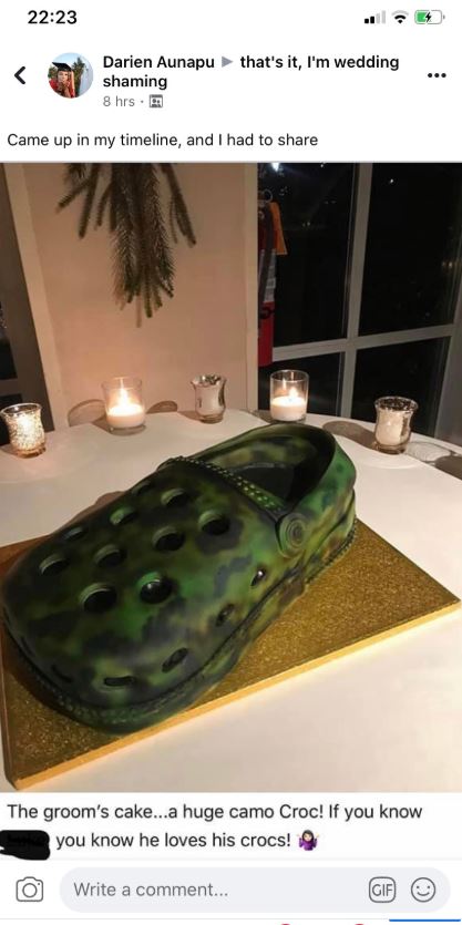  A groom opted for a massive camo cake made to look like a 'croc' shoe for his 'groom cake' - leaving members of a Facebook group baffled