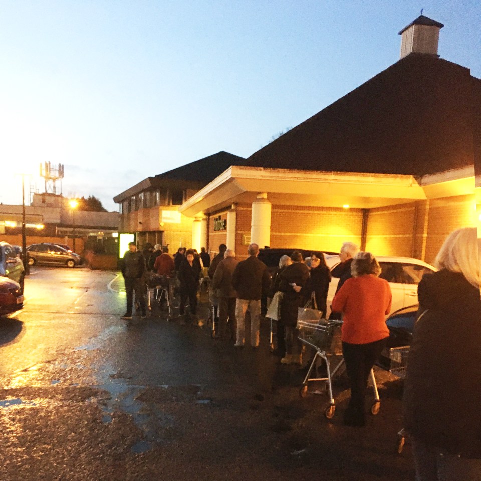  Shoppers were queuing outside Waitrose in Billericay, Essex, at 7.30am today