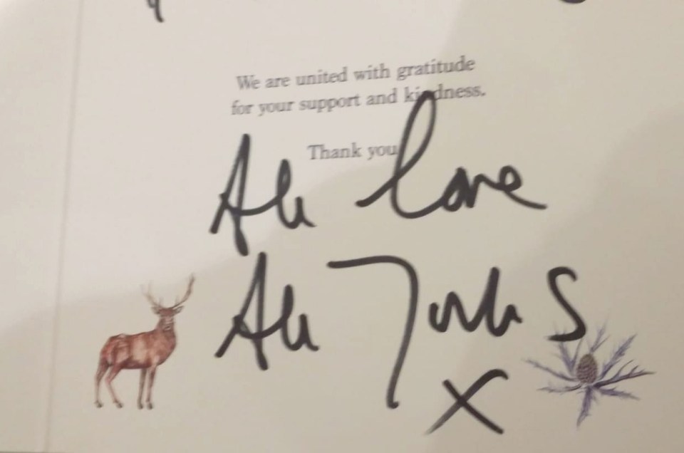  The card states the 'family are united with gratitude' for the support they've received