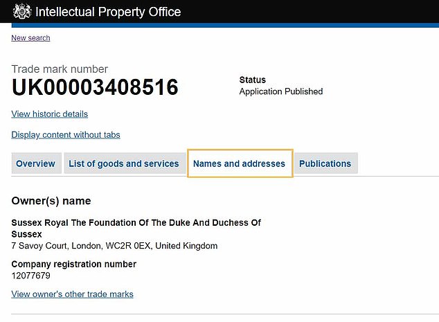  The Intellectual Property Office has published details of items covered by their trade mark