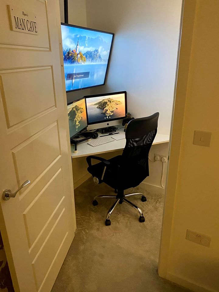 He added a giant TV and two computers - complete with a chair