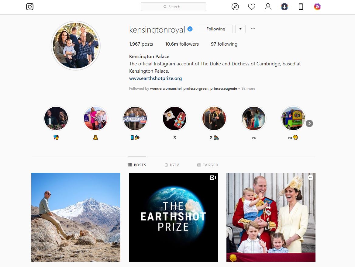 The KensingtonRoyal account, belonging to the Duke and Duchess of Cambridge, currently has 10.6million fans