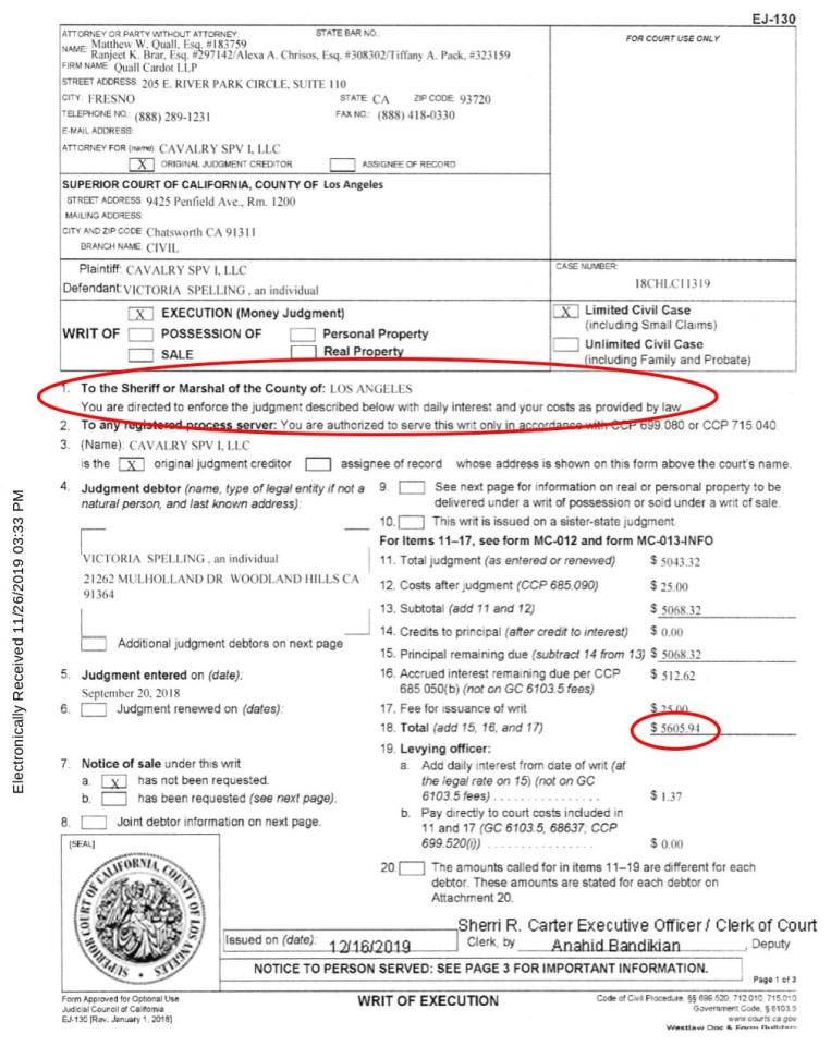 Court papers reveal the Los Angeles County Sheriff or Marshal has been directed to seize the amount 