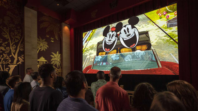 The ride starts with an exclusive one-minute cartoon of Minnie and Mickey Mouse