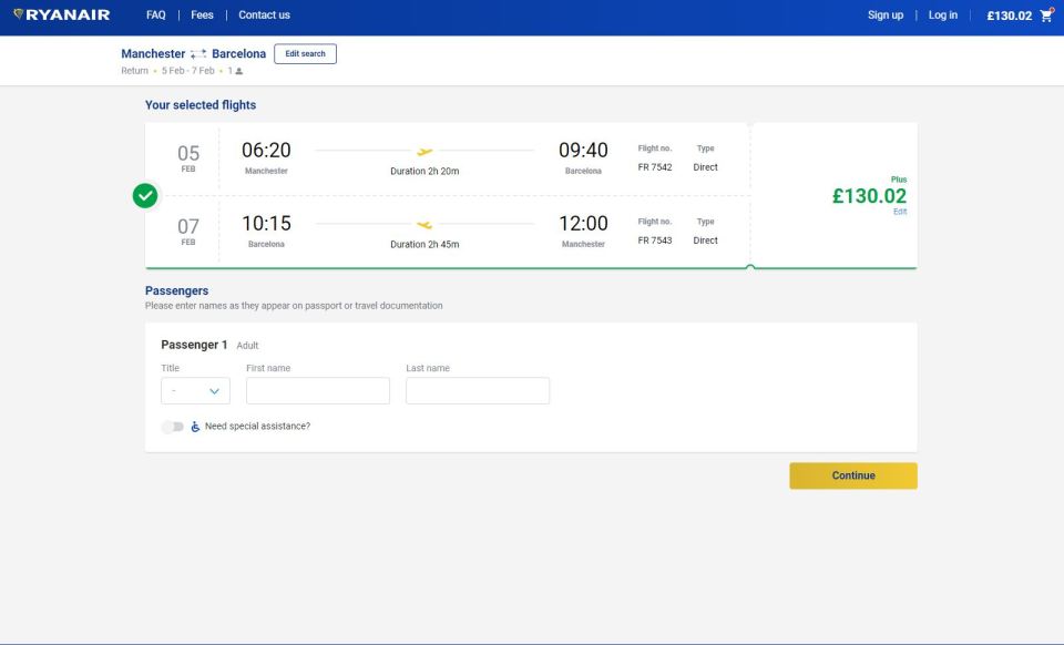  Ryanair has flights with bags from £130.02