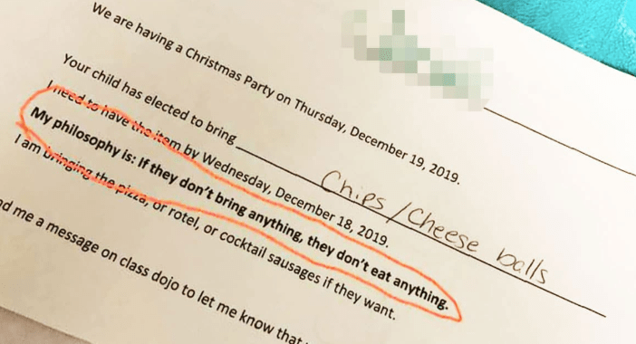  A teacher wrote a letter to parents saying kids won’t be allowed to eat at a Christmas party unless they brought their own food